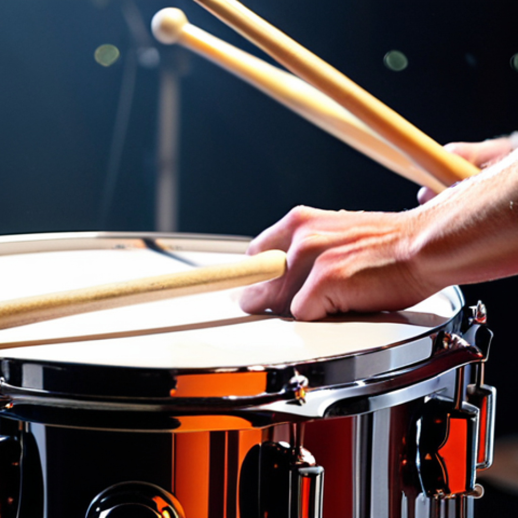 A dynamic close-up shot of a drummer's stick hitting a snare drum during a high-energy rock concert. The stick is mid-impact, showing a slight blur to convey motion and force, and the drumhead vibrates, capturing the crisp, powerful backbeat that drives rock and pop music. Stage lights create dramatic shadows and highlights on the chrome and drum skin, emphasizing the raw energy and essential role of the snare drum.