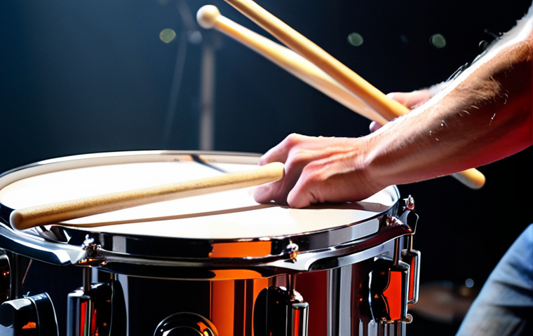 A dynamic close-up shot of a drummer's stick hitting a snare drum during a high-energy rock concert. The stick is mid-impact, showing a slight blur to convey motion and force, and the drumhead vibrates, capturing the crisp, powerful backbeat that drives rock and pop music. Stage lights create dramatic shadows and highlights on the chrome and drum skin, emphasizing the raw energy and essential role of the snare drum.