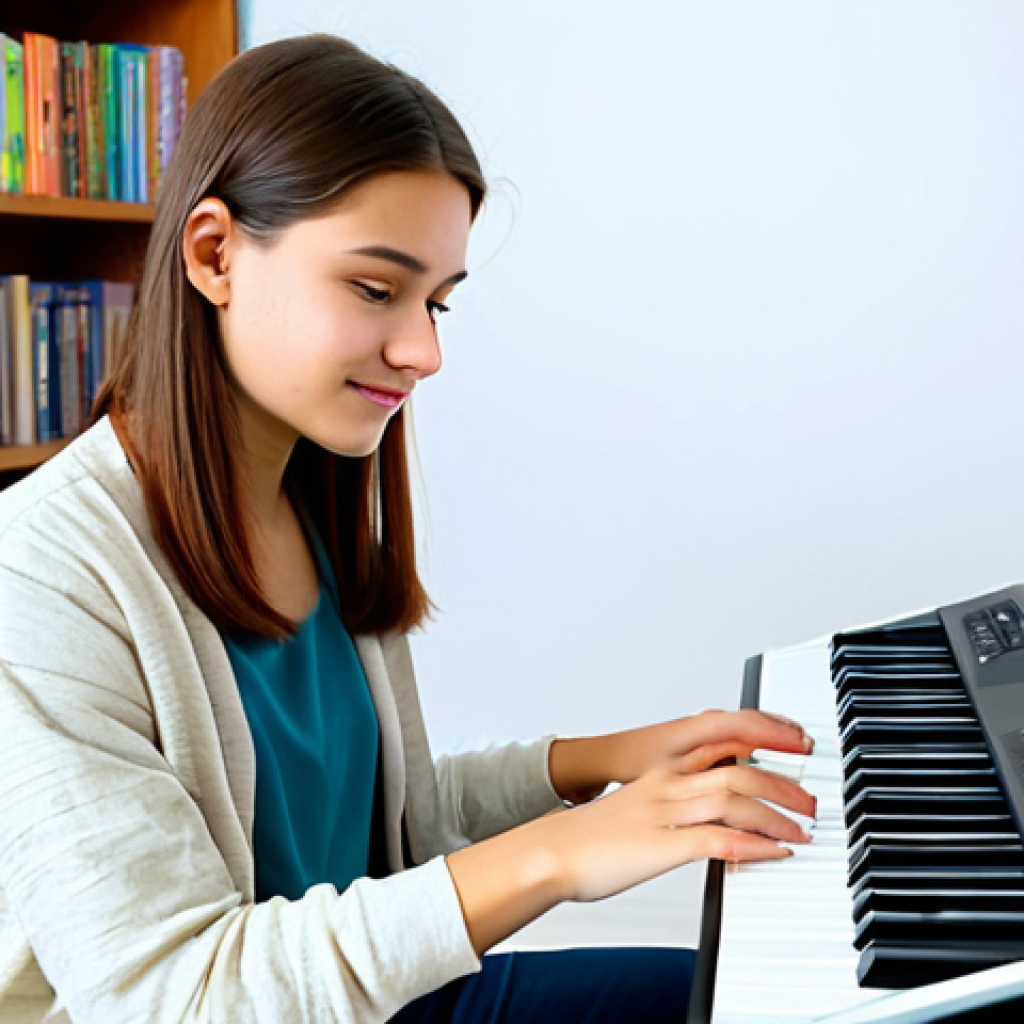 A young woman, fully clothed in modest casual attire, comfortably seated in a bright, inviting home studio, gently pressing keys on a modern electronic keyboard. The room features soft lighting and music books on a nearby shelf. Her expression is focused and relaxed. Safe for work, appropriate content, family-friendly, perfect anatomy, correct proportions, natural pose, well-formed hands, proper finger count, natural body proportions, professional photography, high quality.