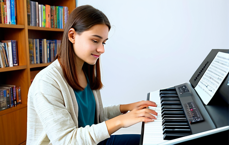 A young woman, fully clothed in modest casual attire, comfortably seated in a bright, inviting home studio, gently pressing keys on a modern electronic keyboard. The room features soft lighting and music books on a nearby shelf. Her expression is focused and relaxed. Safe for work, appropriate content, family-friendly, perfect anatomy, correct proportions, natural pose, well-formed hands, proper finger count, natural body proportions, professional photography, high quality.