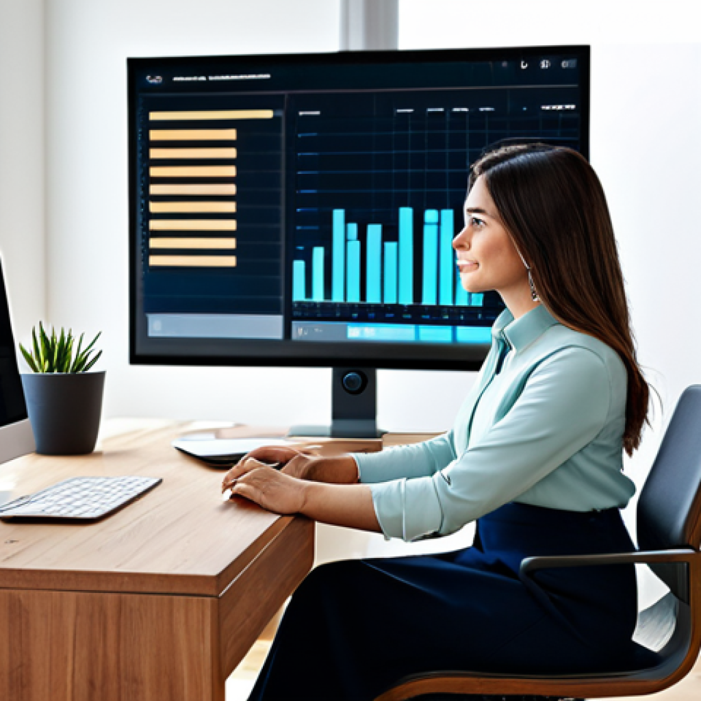 A professional adult female in a modest business casual outfit, fully clothed, sitting comfortably at a sleek, modern desk in a well-lit home office. She is deeply focused on a large digital display that showcases an intelligent learning schedule interface, featuring dynamic progress bars, clear data visualizations of learning efficiency, and personalized adaptive content recommendations. Her posture is natural, and her expression conveys deep engagement and empowerment. The background is a clean, contemporary home office setting with subtle decorative elements.