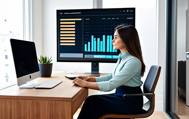 A professional adult female in a modest business casual outfit, fully clothed, sitting comfortably at a sleek, modern desk in a well-lit home office. She is deeply focused on a large digital display that showcases an intelligent learning schedule interface, featuring dynamic progress bars, clear data visualizations of learning efficiency, and personalized adaptive content recommendations. Her posture is natural, and her expression conveys deep engagement and empowerment. The background is a clean, contemporary home office setting with subtle decorative elements.