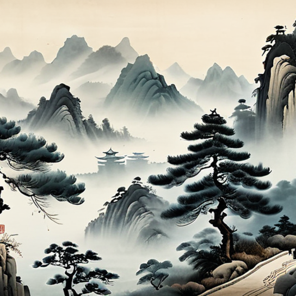 **

"A traditional Chinese ink painting of a misty mountain landscape, with delicate brushstrokes depicting pine trees and a distant pagoda. Soft, muted colors. Style of a Song Dynasty master. High resolution, detailed, realistic."

**