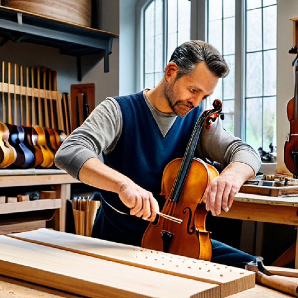Cello Craftsmanship**

A craftsman carefully selecting wood for a cello in a well-lit workshop, examining the grain, fully clothed, appropriate attire, safe for work, perfect anatomy, natural proportions, woodworking tools visible in the background, professional, family-friendly.

**