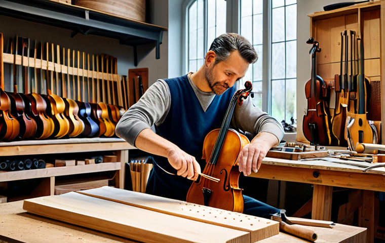Cello Craftsmanship**

A craftsman carefully selecting wood for a cello in a well-lit workshop, examining the grain, fully clothed, appropriate attire, safe for work, perfect anatomy, natural proportions, woodworking tools visible in the background, professional, family-friendly.

**