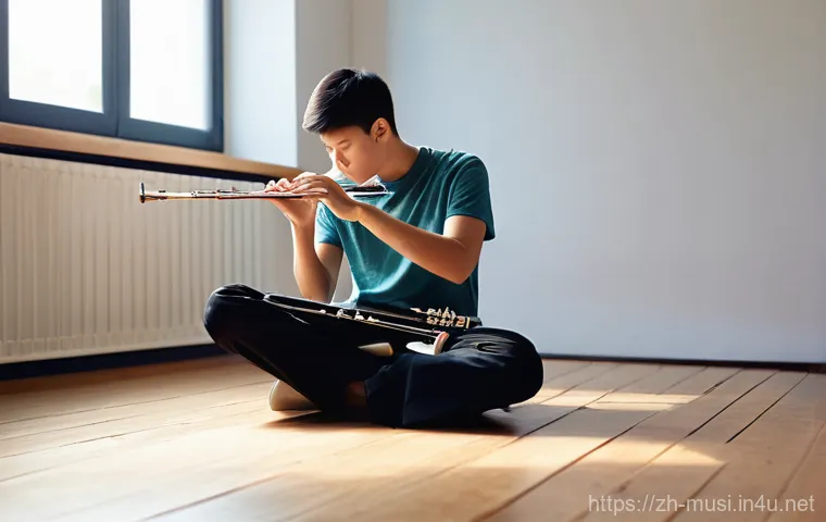 플룻 연습 시 발생하는 문제 해결 - **Prompt for Breath Control and Stable Sound:**
    A focused young male flutist, approximately 18 y...