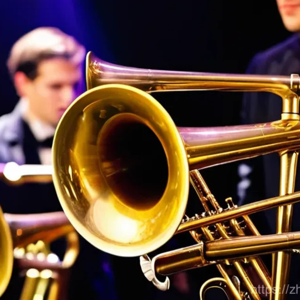 트럼펫과 트롬본 차이 - "A dynamic, close-up shot of two musicians on a warmly lit stage, showcasing the distinct characteri...