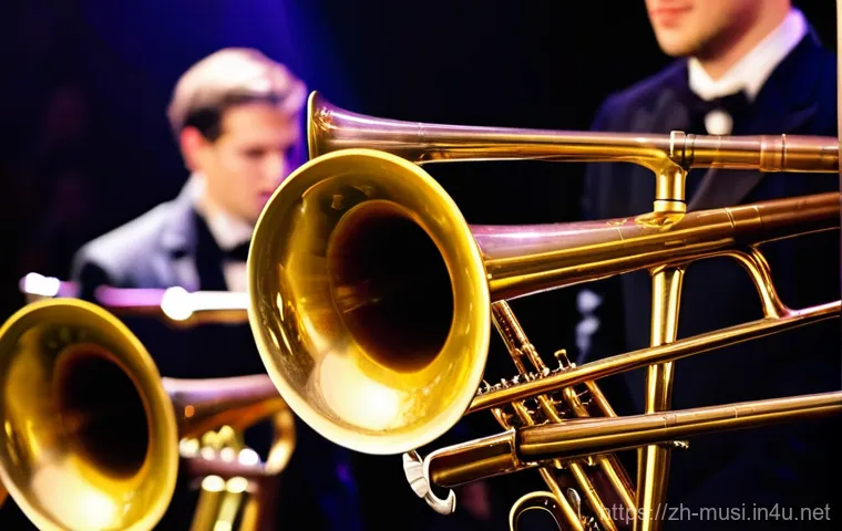 트럼펫과 트롬본 차이 - "A dynamic, close-up shot of two musicians on a warmly lit stage, showcasing the distinct characteri...