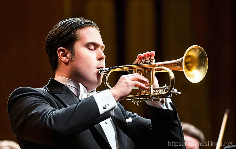 트럼펫과 트롬본 차이 - "A dynamic, close-up shot of two musicians on a warmly lit stage, showcasing the distinct characteri...