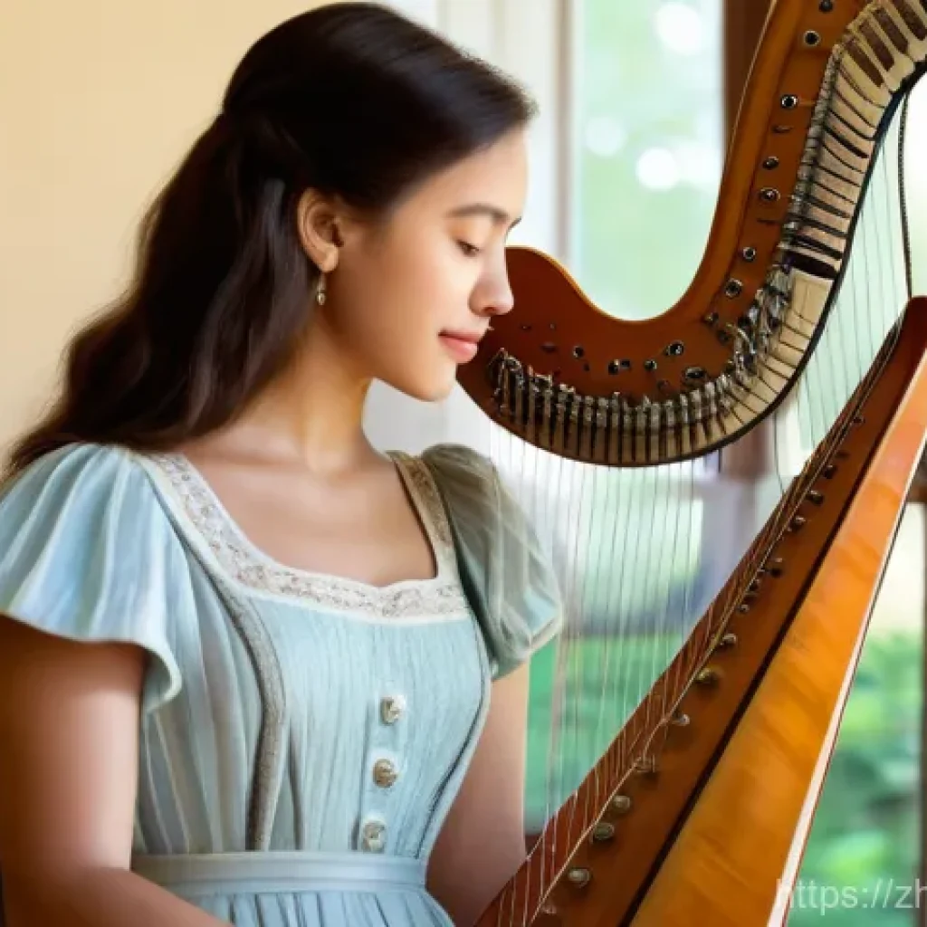 하프 브랜드별 비교 - A young woman, approximately 20 years old, with soft, inquisitive eyes, gently touching the strings ...