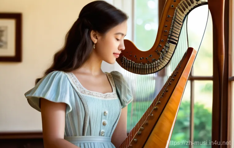 하프 브랜드별 비교 - A young woman, approximately 20 years old, with soft, inquisitive eyes, gently touching the strings ...