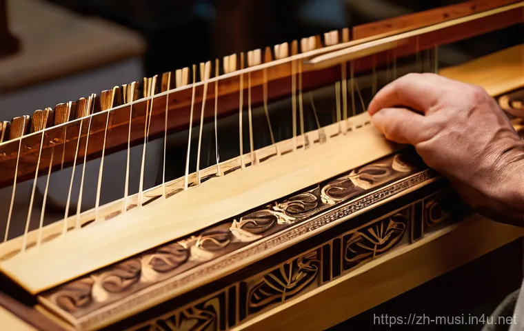 하프 브랜드별 비교 - A young woman, approximately 20 years old, with soft, inquisitive eyes, gently touching the strings ...