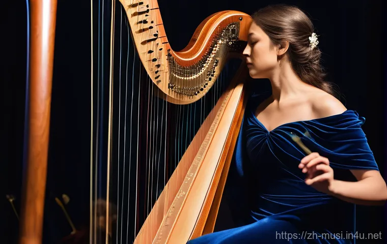하프 브랜드별 비교 - A close-up shot of the skilled hands of a master luthier, a mature man with slightly calloused but m...