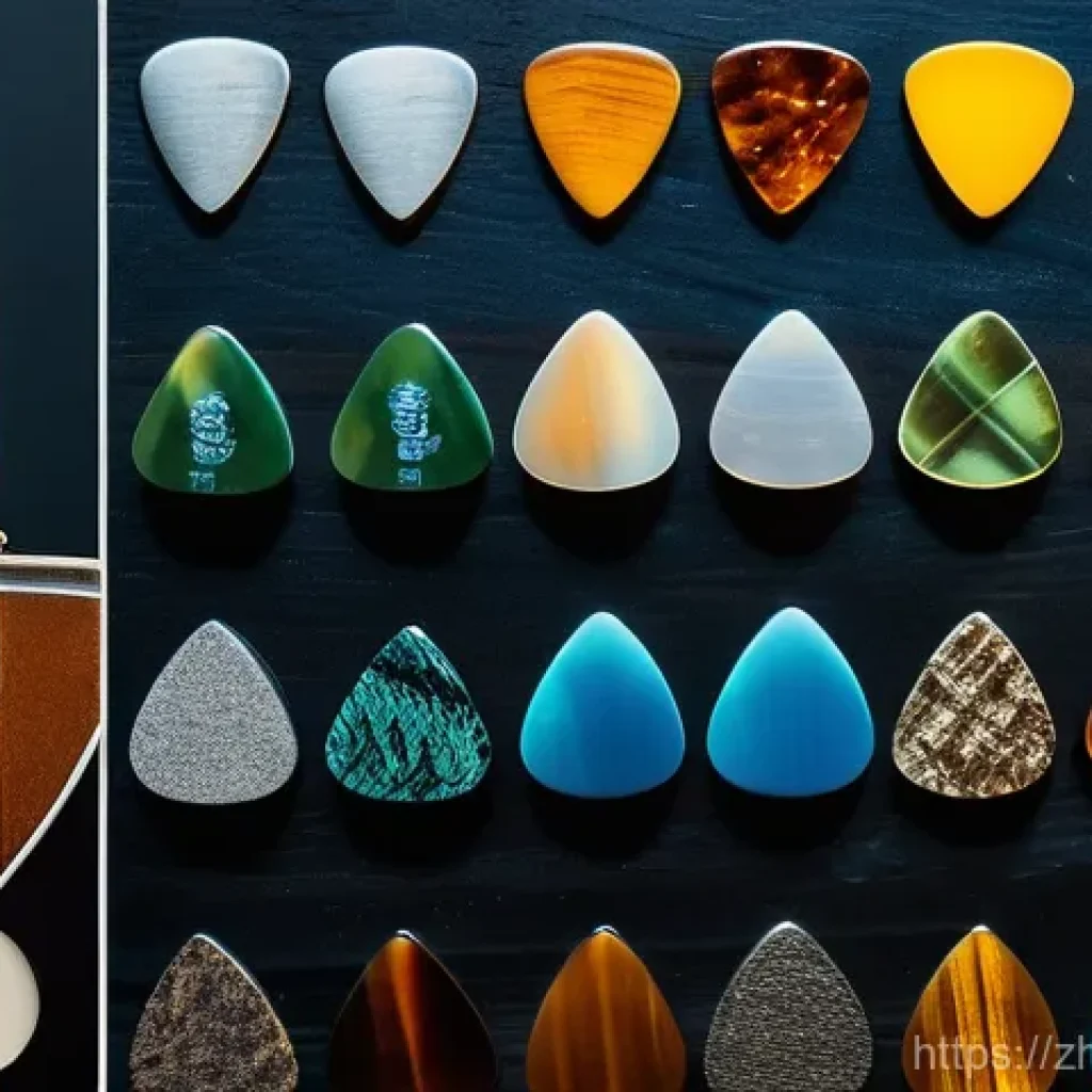 기타 피크 가이드 - **Prompt:** A meticulously arranged flat lay of a diverse guitar pick collection, displayed on a pol...