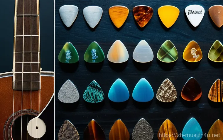기타 피크 가이드 - **Prompt:** A meticulously arranged flat lay of a diverse guitar pick collection, displayed on a pol...