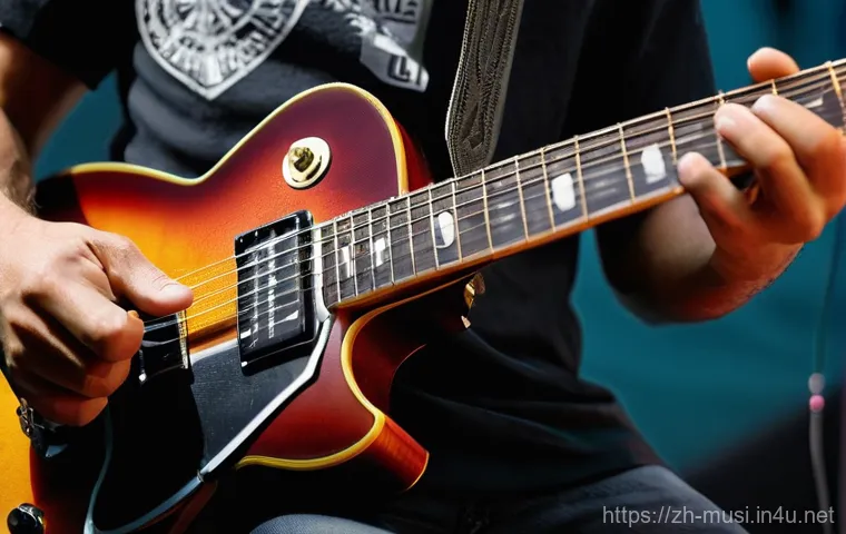 기타 피크 가이드 - **Prompt:** A meticulously arranged flat lay of a diverse guitar pick collection, displayed on a pol...