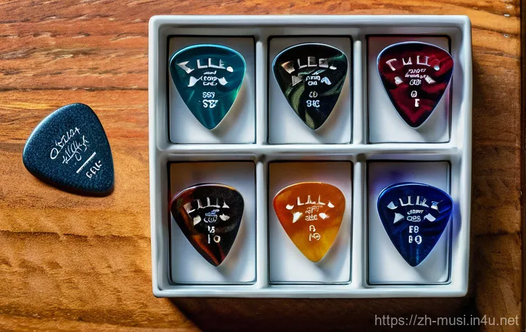 기타 피크 가이드 - **Prompt:** A dynamic, close-up shot focusing on a guitarist's strumming hand vigorously playing an ...