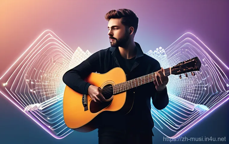 기타를 활용한 작곡 팁 - **Prompt:** A young, casually dressed musician (gender ambiguous, wearing everyday clothes) sits tho...