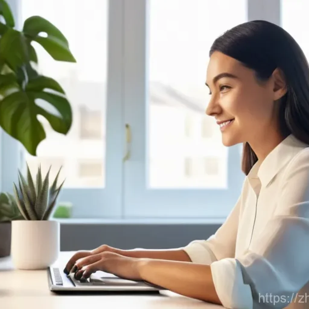 기타 케이스 추천 - A focused and efficient young professional, a woman in her late 20s, with a gentle smile, sits at a ...