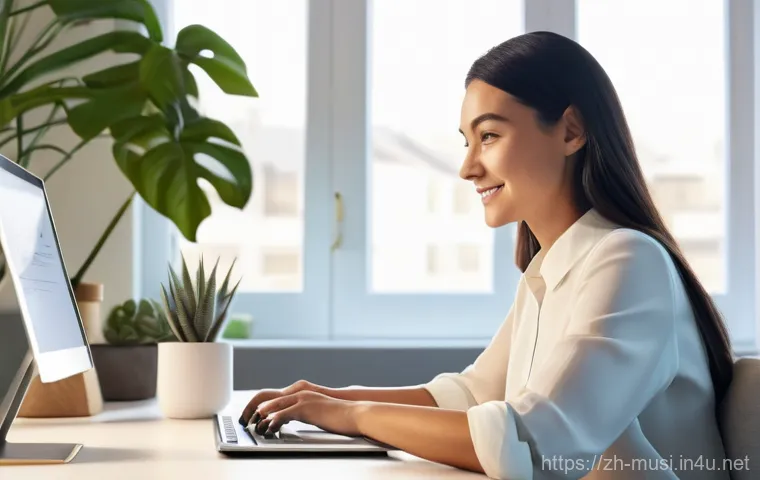기타 케이스 추천 - A focused and efficient young professional, a woman in her late 20s, with a gentle smile, sits at a ...
