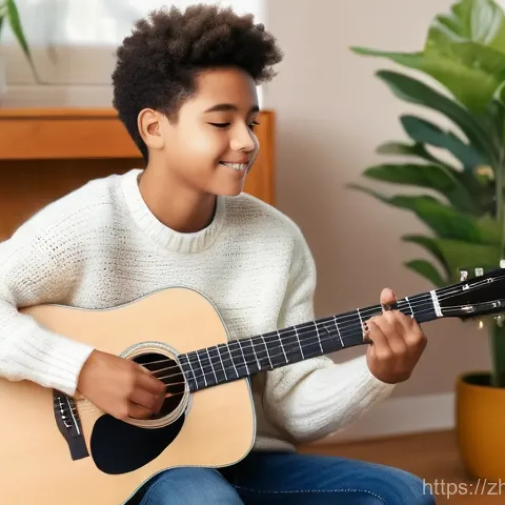 어쿠스틱 기타 브랜드 분석 - A vibrant, naturally lit image of a young person, approximately 16 years old, comfortably seated on ...