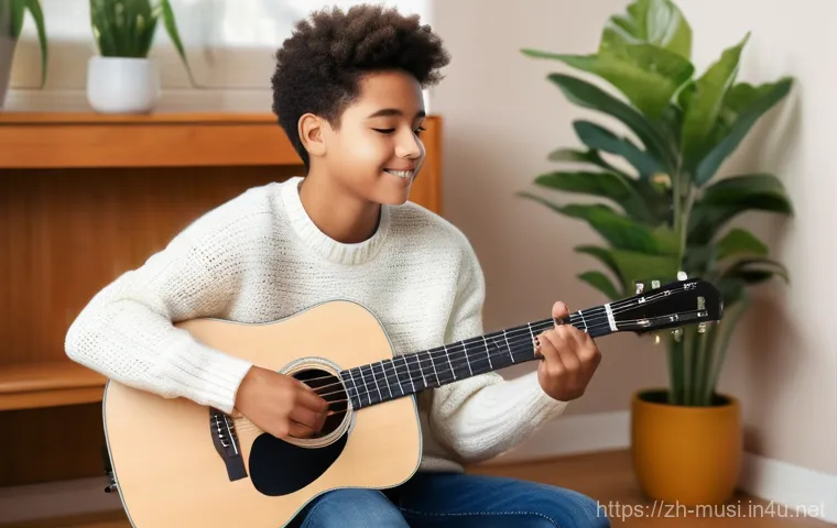 어쿠스틱 기타 브랜드 분석 - A vibrant, naturally lit image of a young person, approximately 16 years old, comfortably seated on ...