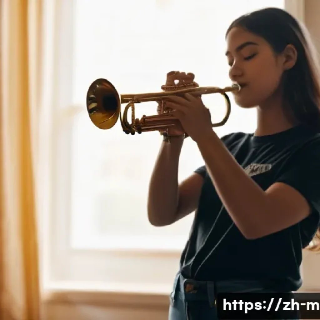 트럼펫 연주 자세 교정 - **A young woman practicing trumpet in a sunlit music room.**
    *   **Details:** The woman is in he...