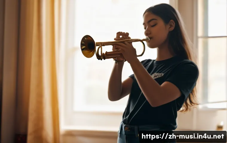 트럼펫 연주 자세 교정 - **A young woman practicing trumpet in a sunlit music room.**
    *   **Details:** The woman is in he...