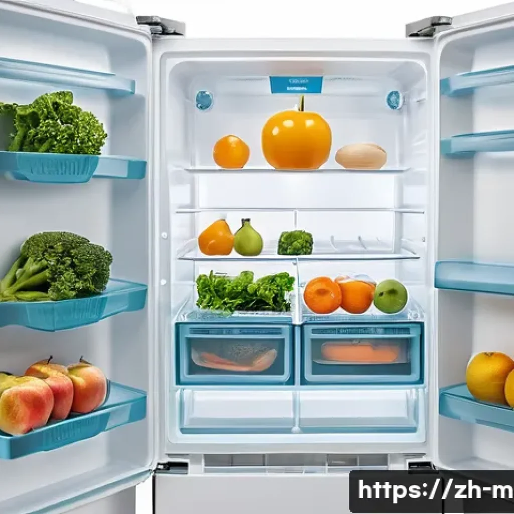 기타 보관법 - A modern kitchen interior featuring a neatly organized refrigerator with clearly separated compartme...