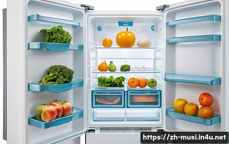 기타 보관법 - A modern kitchen interior featuring a neatly organized refrigerator with clearly separated compartme...