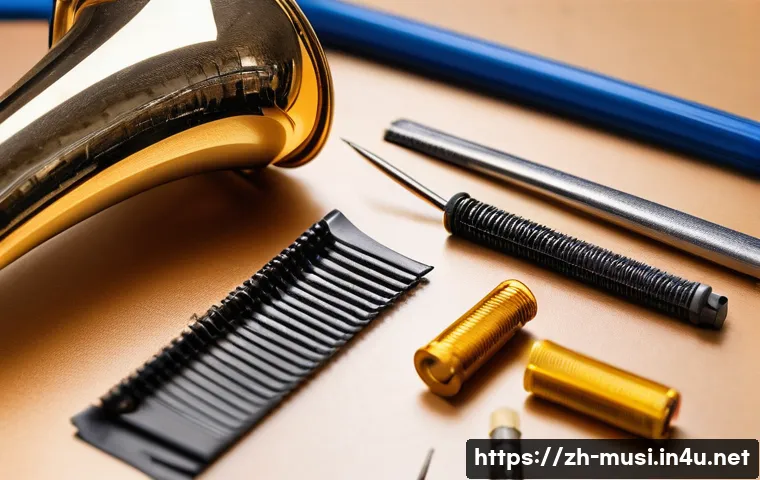 색소폰 부품 교체법 - A detailed close-up illustration of a saxophone maintenance workspace, featuring a clean workbench w...