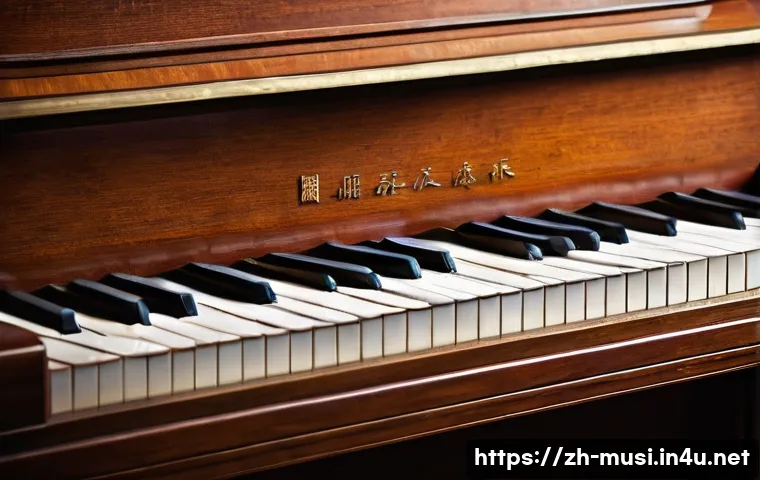 중고 피아노 구매 가이드 - A close-up scene of a vintage upright piano keyboard in a well-lit room, showing detailed textures o...