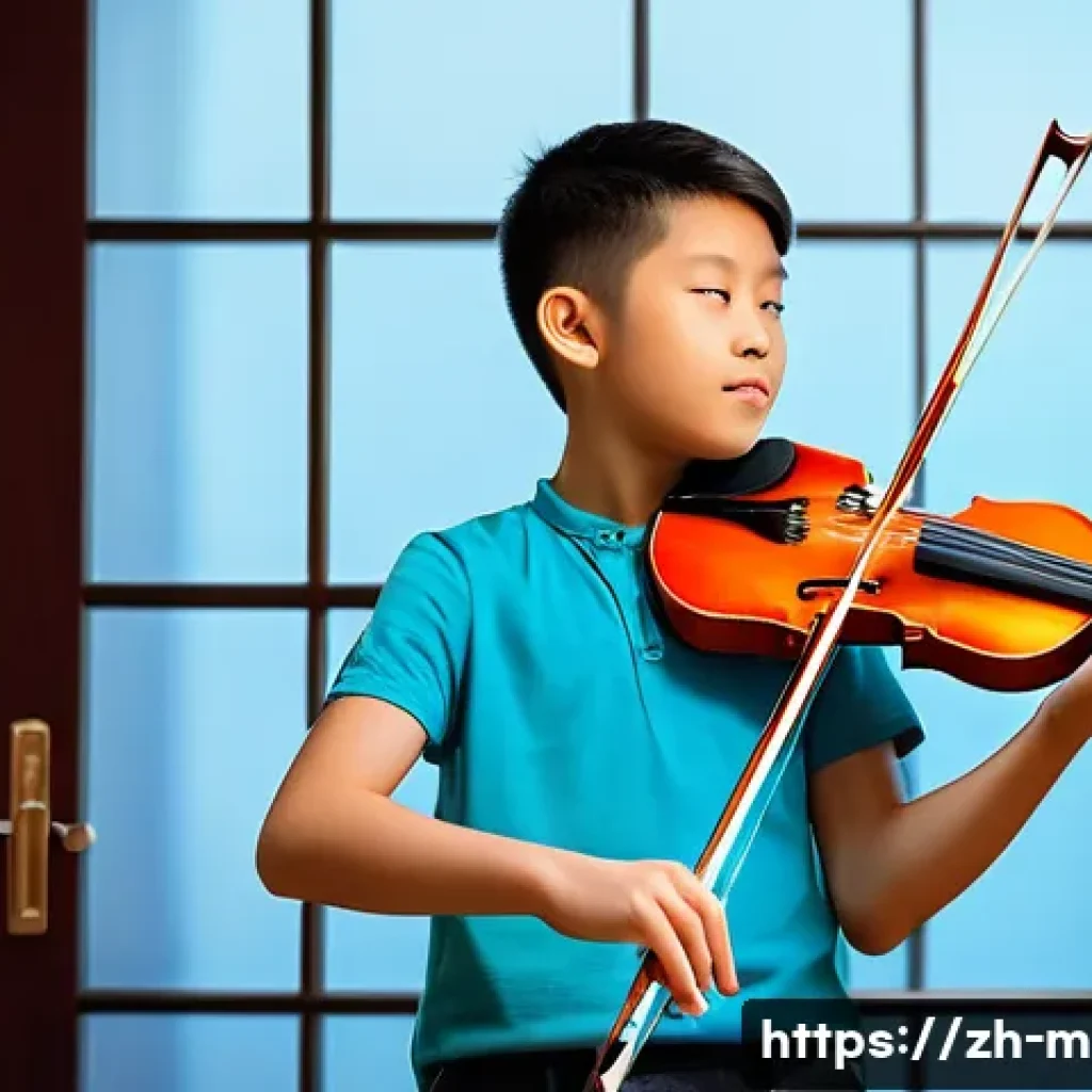 바이올린 연습 곡 추천 - A young beginner violin student practicing indoors, wearing casual clothing with a neat appearance a...