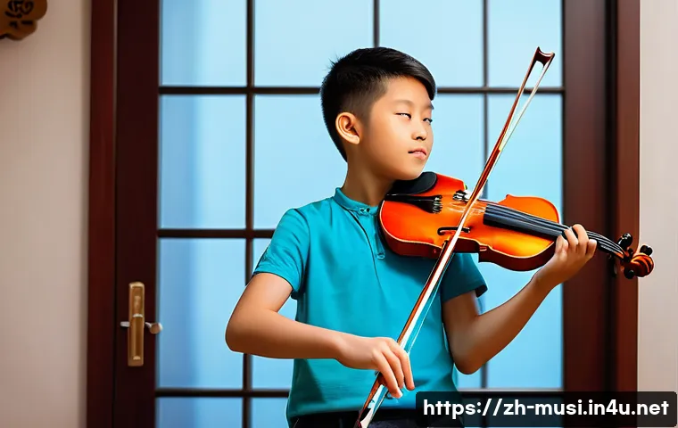 바이올린 연습 곡 추천 - A young beginner violin student practicing indoors, wearing casual clothing with a neat appearance a...