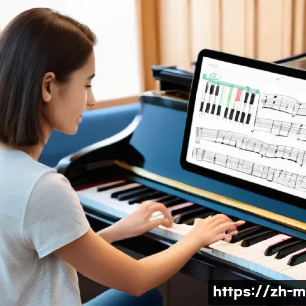 피아노 학습 앱 추천 - A modern piano learning app interface displayed on a sleek tablet screen, showing interactive feedba...