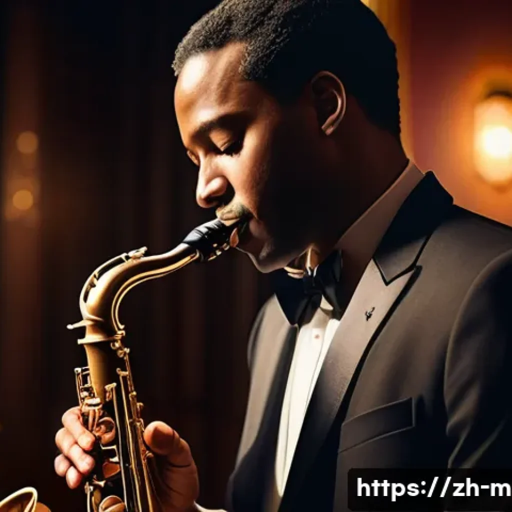 색소폰 음역별 소리 차이 - A highly detailed image of a jazz musician playing a saxophone focusing on the low register notes, d...