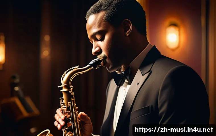 색소폰 음역별 소리 차이 - A highly detailed image of a jazz musician playing a saxophone focusing on the low register notes, d...