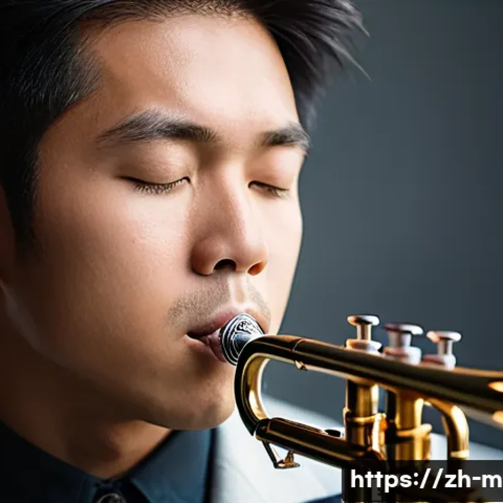 트럼펫 연주 테크닉 - A focused close-up portrait of a young Asian trumpet player practicing breath control indoors, weari...