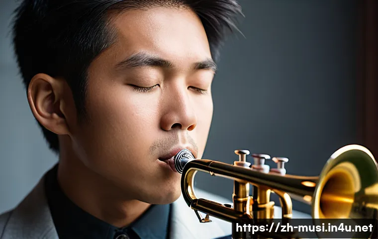 트럼펫 연주 테크닉 - A focused close-up portrait of a young Asian trumpet player practicing breath control indoors, weari...