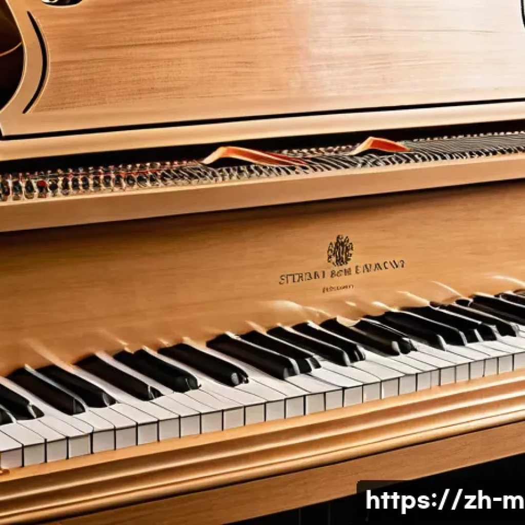 피아노 브랜드별 특징 - A close-up, highly detailed image of a grand piano interior showcasing the wooden soundboard made fr...