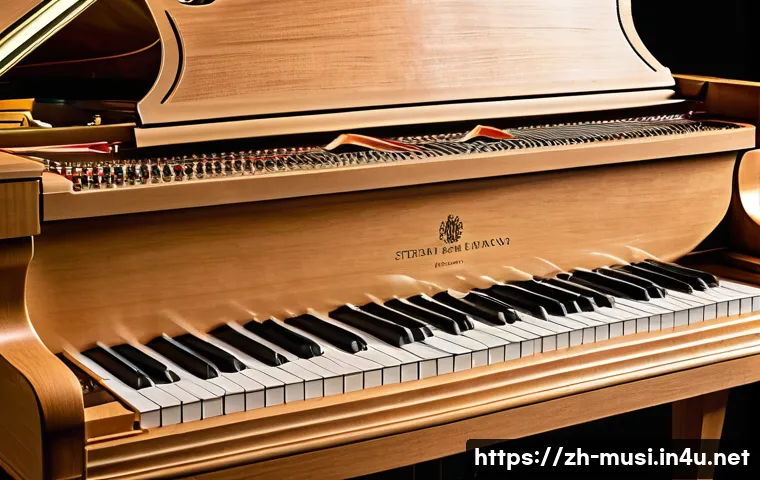 피아노 브랜드별 특징 - A close-up, highly detailed image of a grand piano interior showcasing the wooden soundboard made fr...