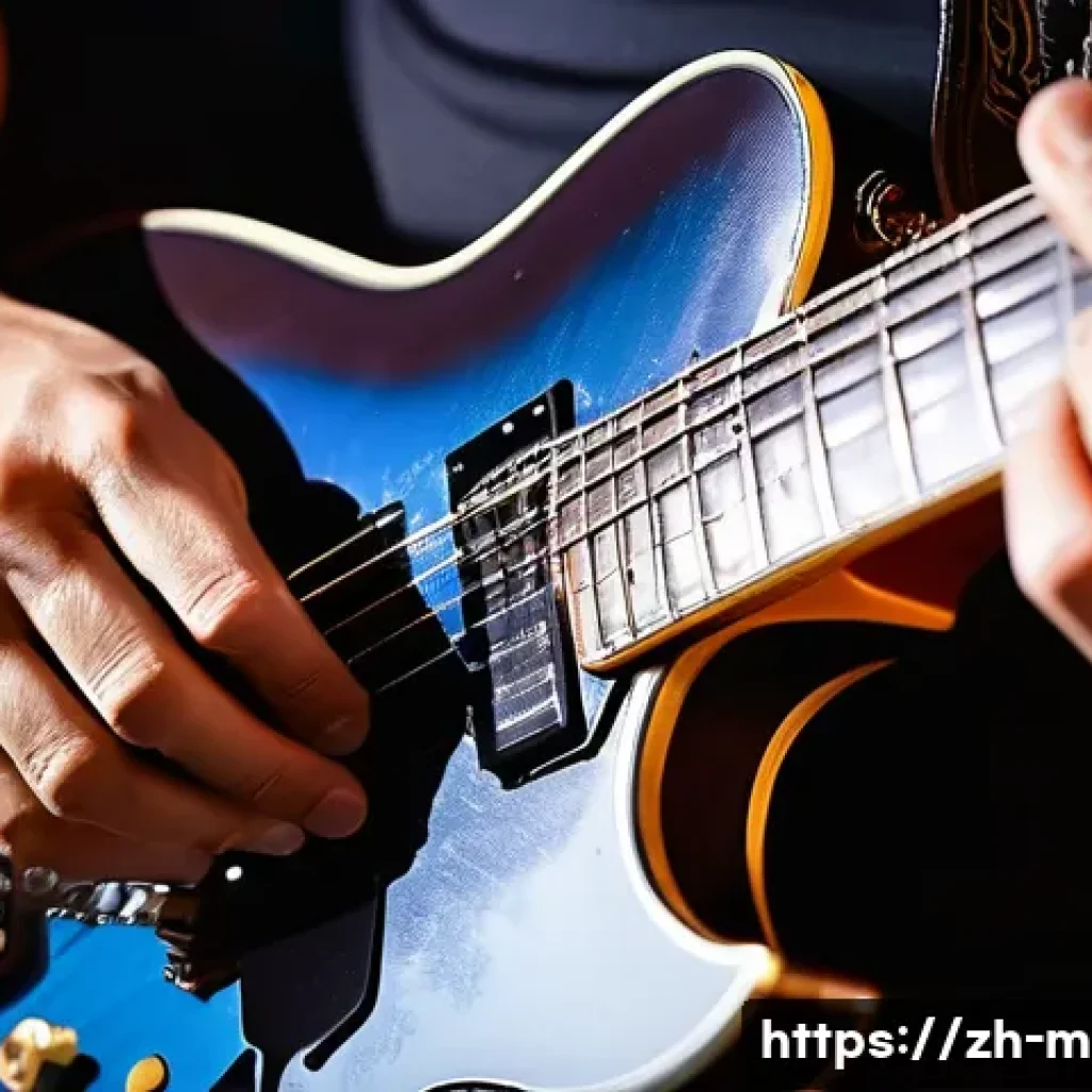 기타 중급자 연주 기술 - A detailed close-up of a skilled guitarist’s left hand performing a smooth slide technique on an ele...