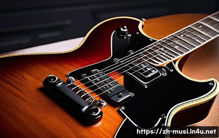 기타 커스텀 제작 - A close-up, hyper-realistic image of a custom electric guitar showcasing a rich mahogany body with a...