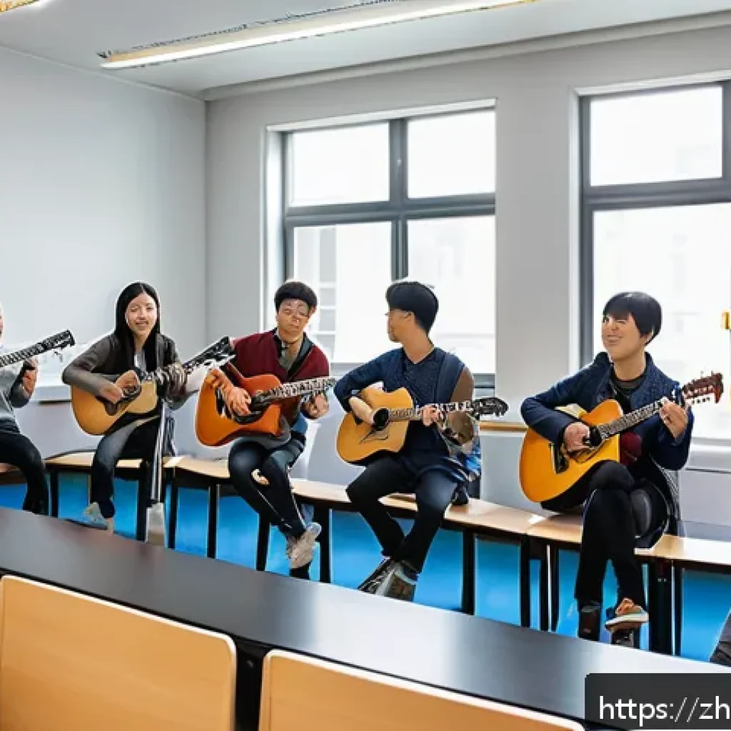 기타 음악 학원 추천 - A bright, modern guitar classroom in a Chinese music academy, featuring spacious layout with natural...