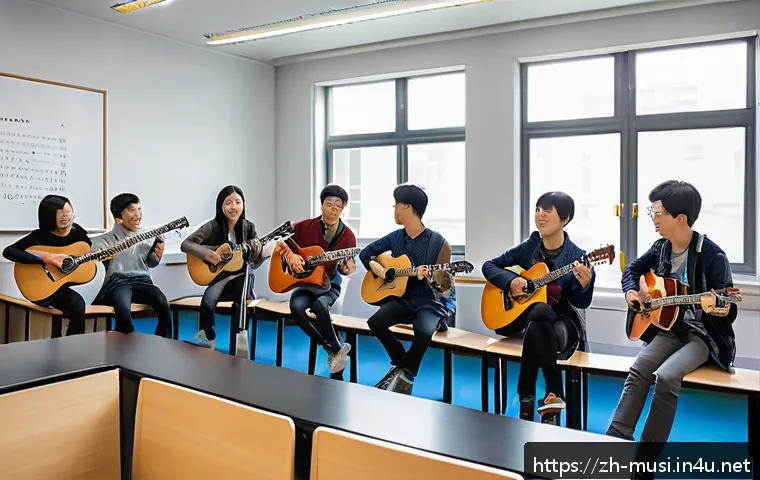 기타 음악 학원 추천 - A bright, modern guitar classroom in a Chinese music academy, featuring spacious layout with natural...