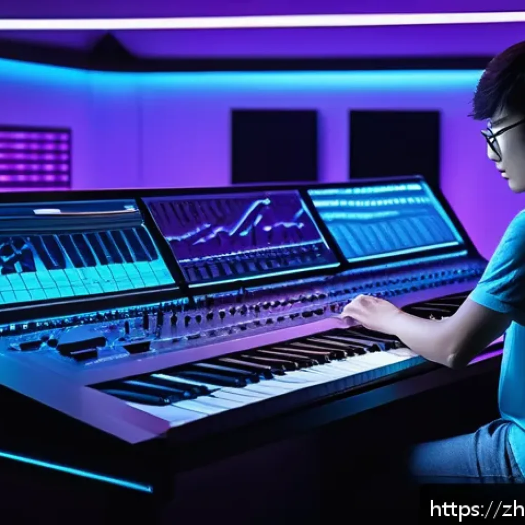 신디사이저 효과음 종류 - A futuristic music studio scene featuring a sleek synthesizer setup with multiple oscillators displa...
