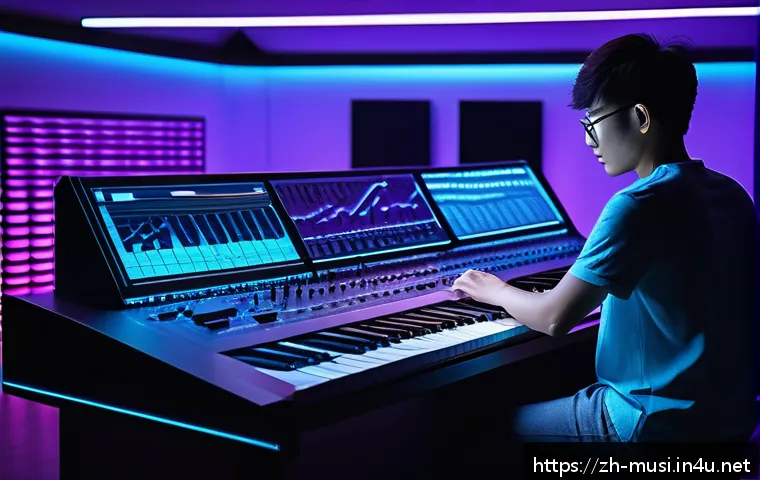 신디사이저 효과음 종류 - A futuristic music studio scene featuring a sleek synthesizer setup with multiple oscillators displa...
