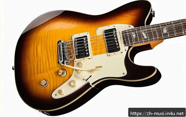 기타 소리 증폭 원리 - A detailed close-up of an electric guitar showcasing both single-coil and humbucker pickups installe...