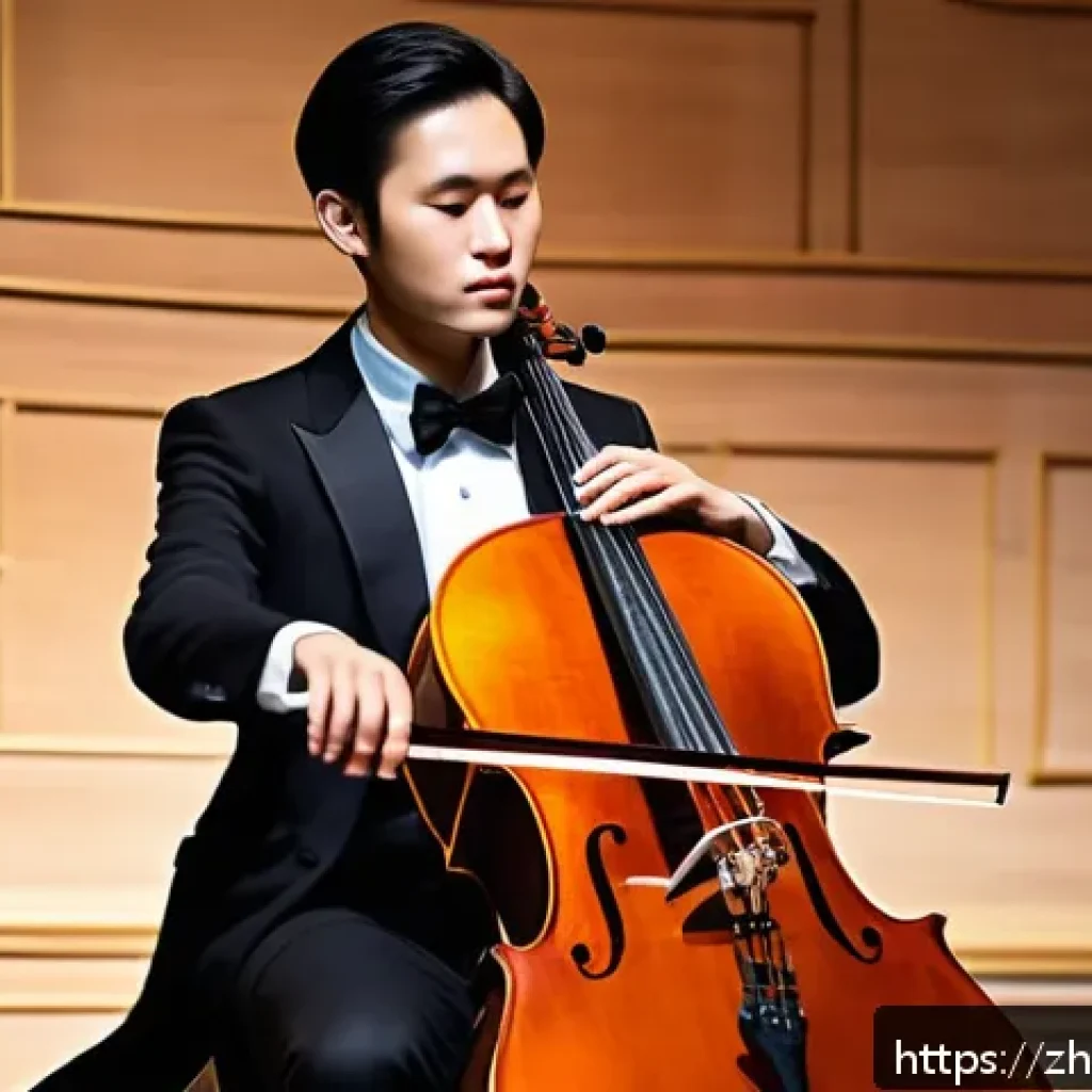 첼로 연주 관련 영상 추천 - A professional cellist performing a classical solo on stage in an elegant concert hall, warm ambient...