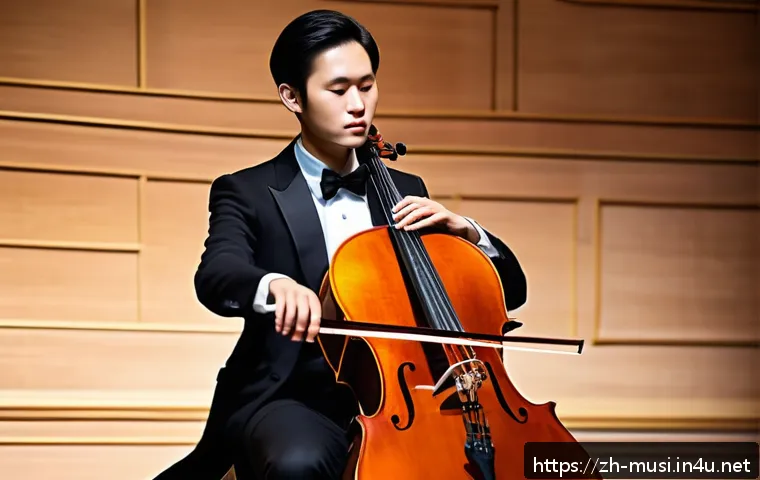 첼로 연주 관련 영상 추천 - A professional cellist performing a classical solo on stage in an elegant concert hall, warm ambient...